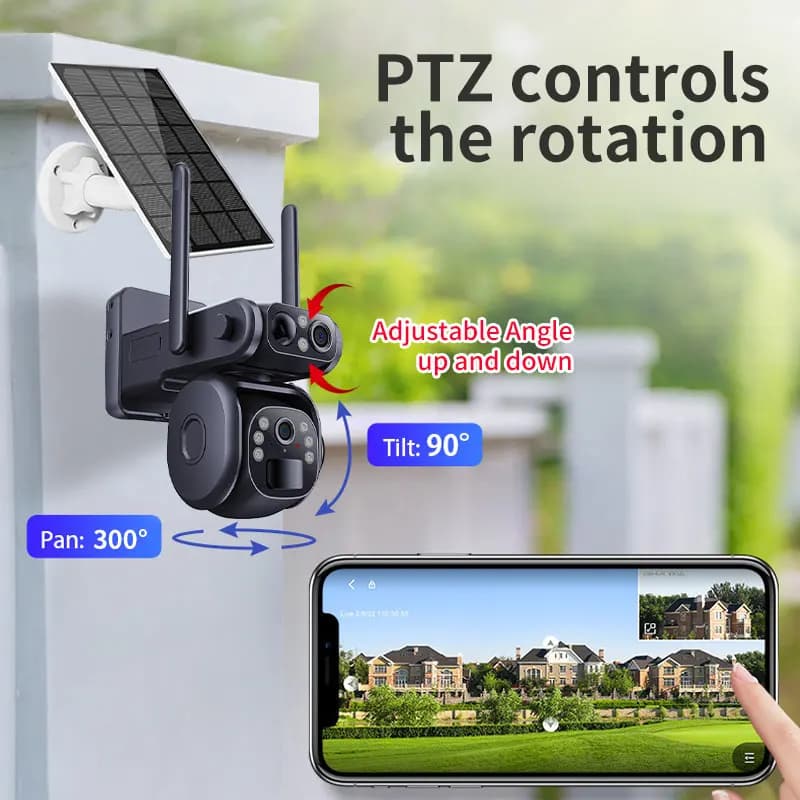 Telecamera IP Dome 4MP con Doppia Lente, Alimentazione Solare, WIFI/4G, Visione Notturna a Colori, Rilevamento AI Umanoide, Sicurezza Domestica, Monitoraggio Bambini