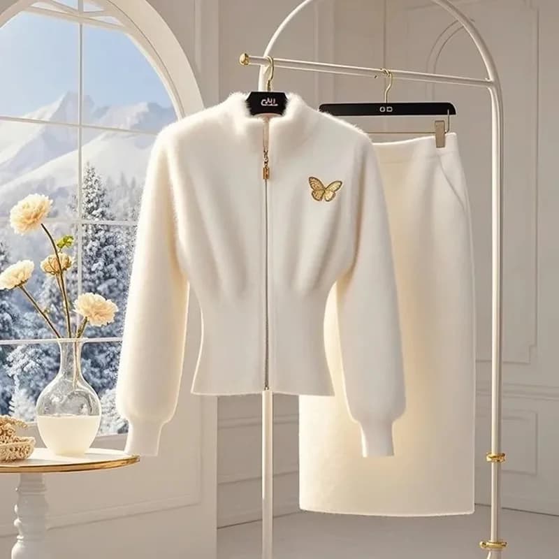 Winter Chic Knitted Two-Piece Women's 2026 New High-End Long Sleeve Casual Loose Wear Sweater Skirt Knitted Sweater Suits