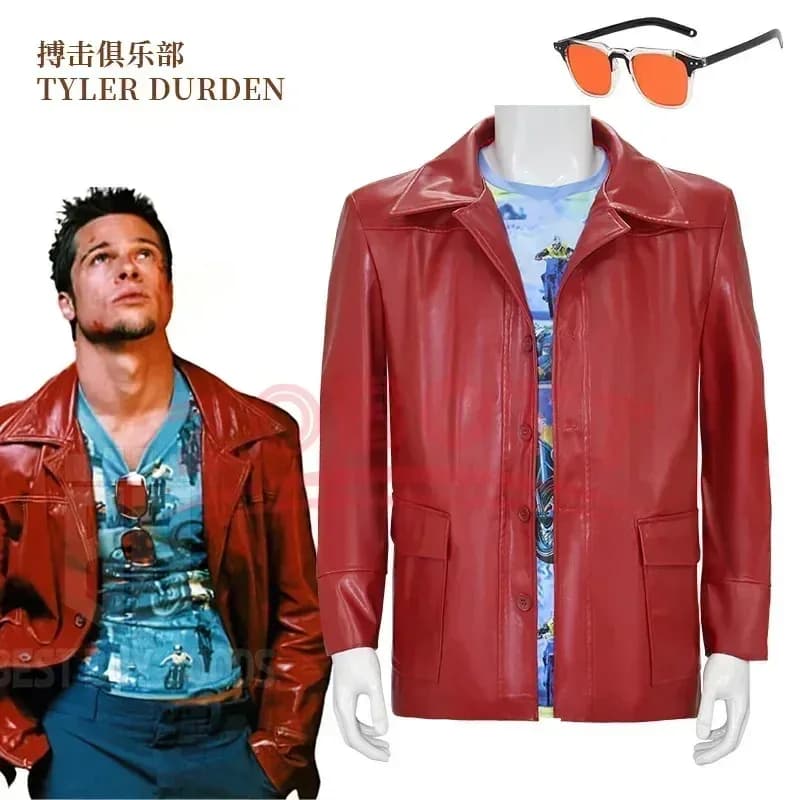 New Halloween Cosplay Hot Fight Club Tyler Durden Cosplay Costumes Available Brad Biker Leather Jacket Red Coat Eyewear Hal