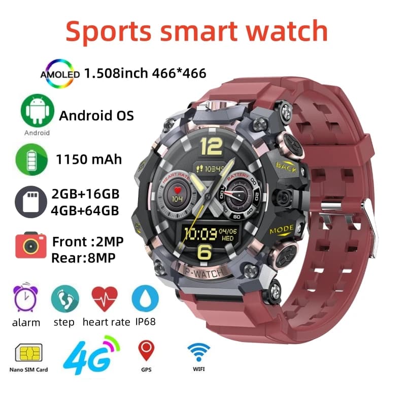 Smartwatch 4G/5G LTE Android 10.0 GPS WIFI con Slot SIM, Schermo Amoled Grande da 1,508'', Doppia Fotocamera HD 800W, Videochiamata