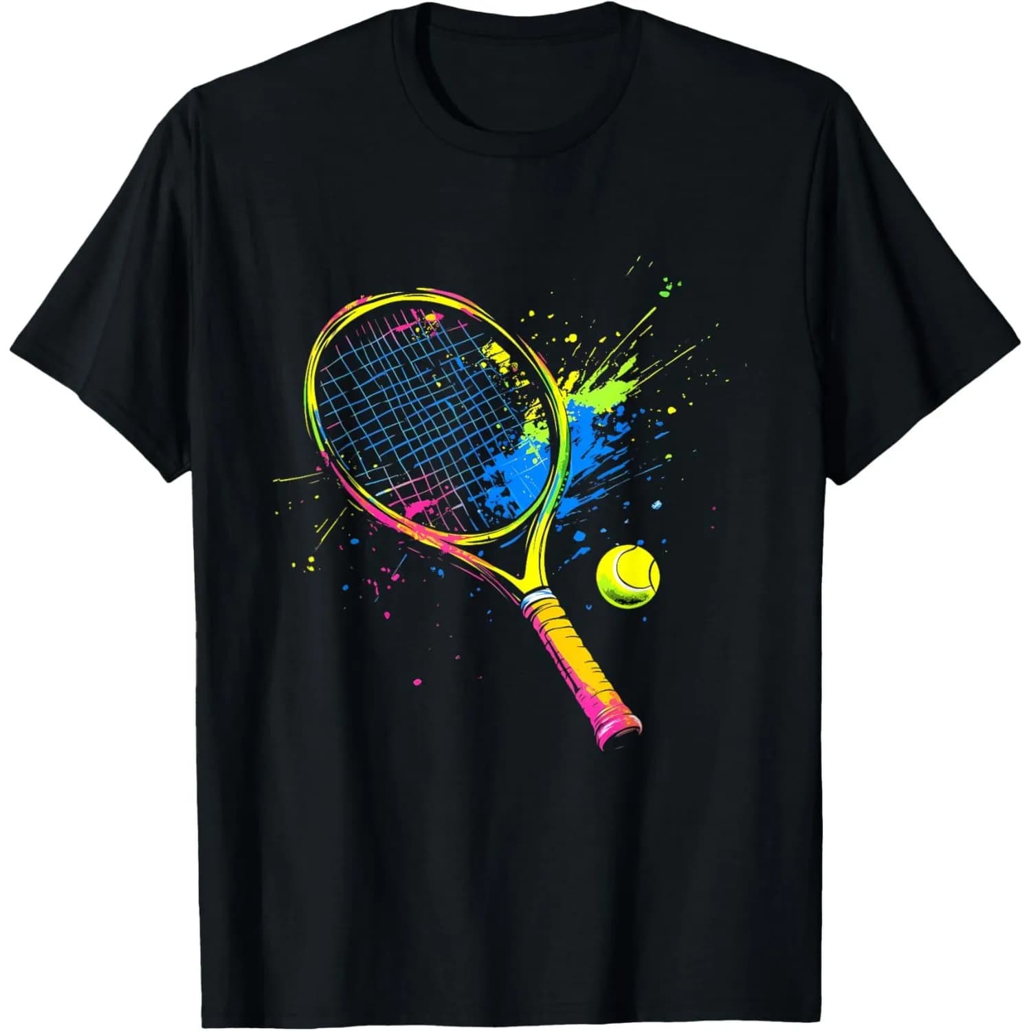 T-shirt da uomo con grafica Neon Splatter Tennis Racket, in cotone traspirante, girocollo