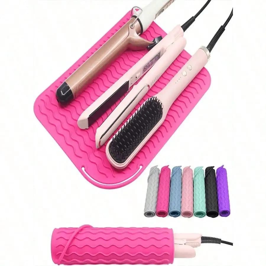 Portable Heat Resistant Silicone Mat, Insulating Mat for Plate and Hair Dryer, Non-slip and Heat Resistant Mat, Styling Travel Tool, Travel Toiletry Table, Hairdresser Tool Bag - Heat Resistant Mat, Plate Mat and Hair Dryer Case