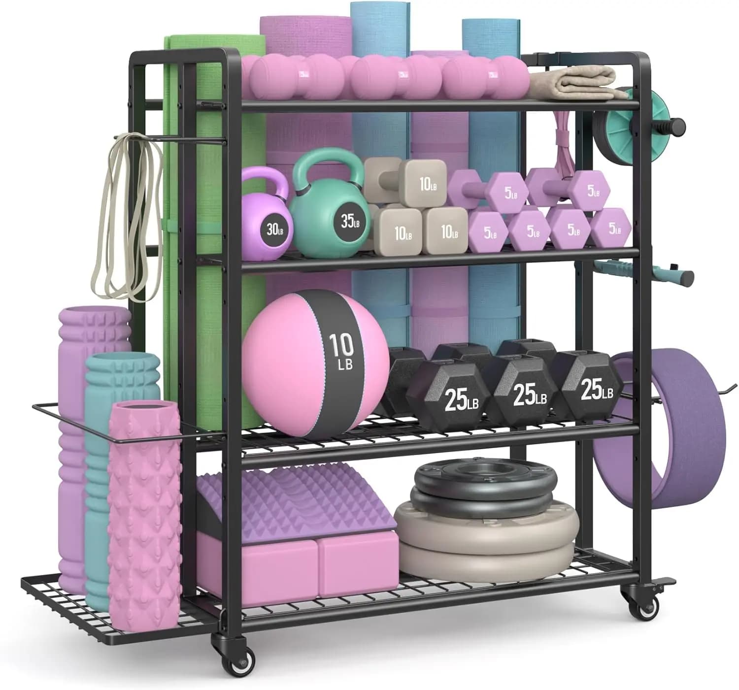 4-Tier Dumbbell Rack Stand Only, Adjustable Weight Rack for Dumbbells Kettlebells Yoga Mat, Home Gym Storage Rack with Wheels an