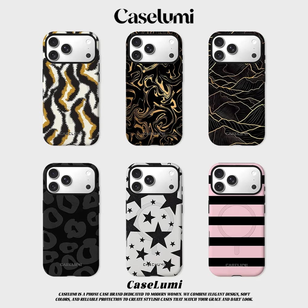 CaseLumi Matte Bumper For Magsafe Case For iPhone 17 16 15 14 Plus 13 Pro Max Shockproof Hard PC Black gold fur stripes Cover