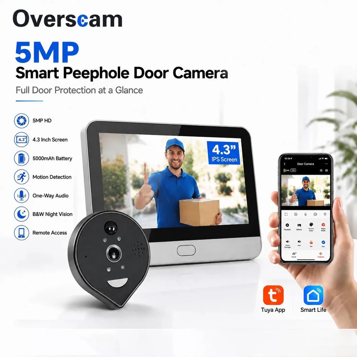 Tuya SmartLife Home 5MP WiFi Peephole Video Door IP Camera Security One-Way Audio Night Vision 4.3' Inch HD Video Door Camera