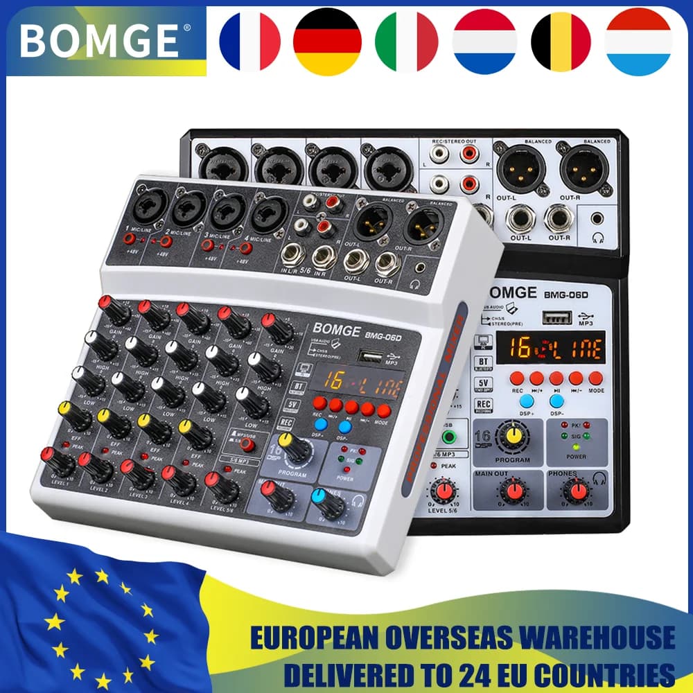 BOMGE 6 canali 16 DSP Echo DJ Audio Mixer audio Interfaccia Console di missaggio Karaoke con MP3 USB Bluetooth Registrazione stereo 48V