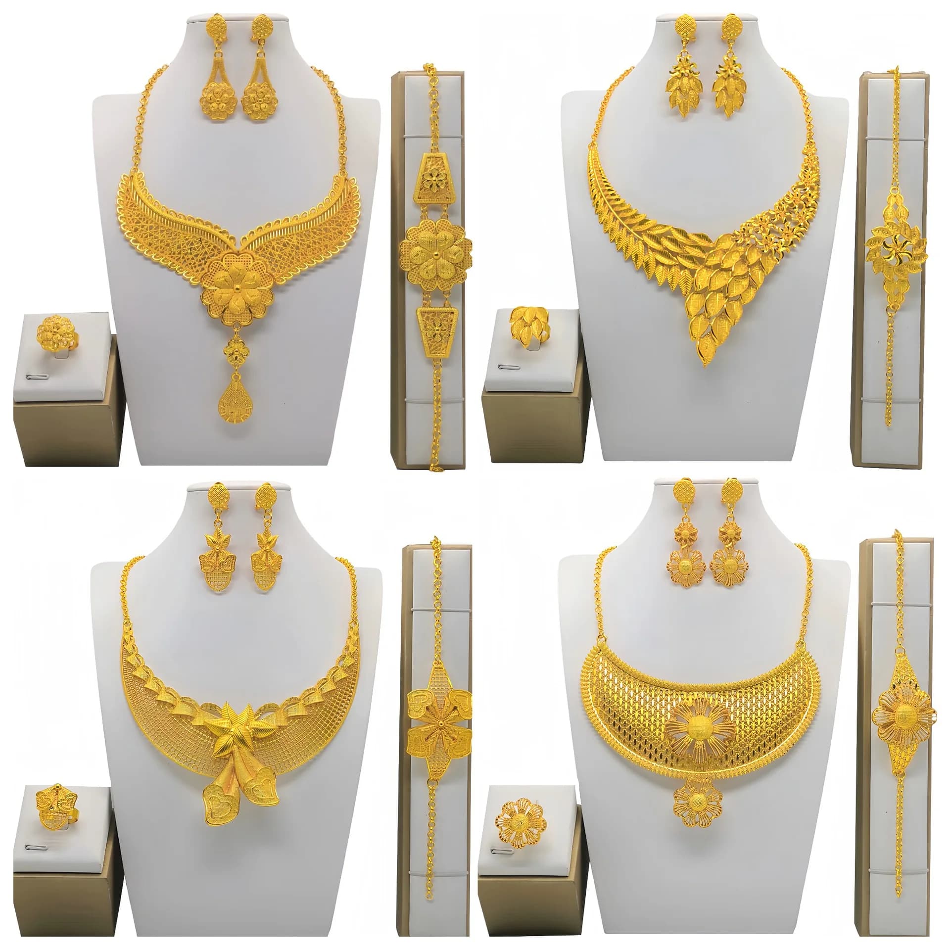 Collana, bracciale, orecchini e anello da sposa placcati in oro 24k Set di quattro pezzi Set di gioielli da donna per l'anniversario di matrimonio
