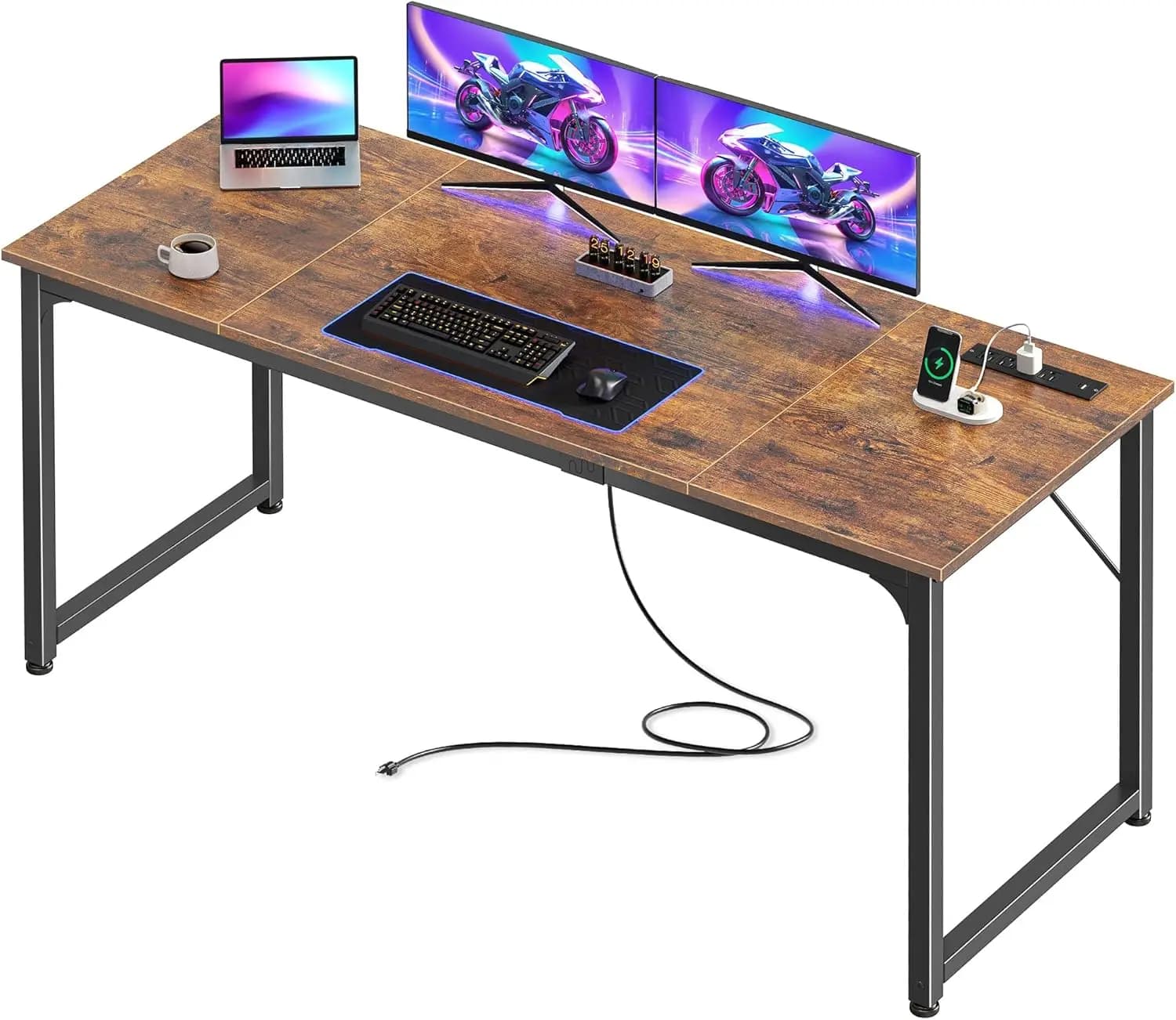 Scrivania da ufficio 63x24 pollici con prese di corrente e porta USB-C, grande tavolo da gaming per studio e ufficio domestico, struttura in metallo bianco
