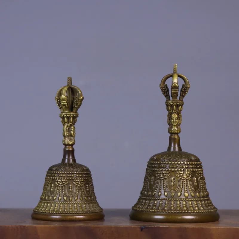Chinese Antique Tibetan Brass Handbell Vajra Bell Eight Treasures Sanqing Bell Buddhist Statue Sculpture Ornament