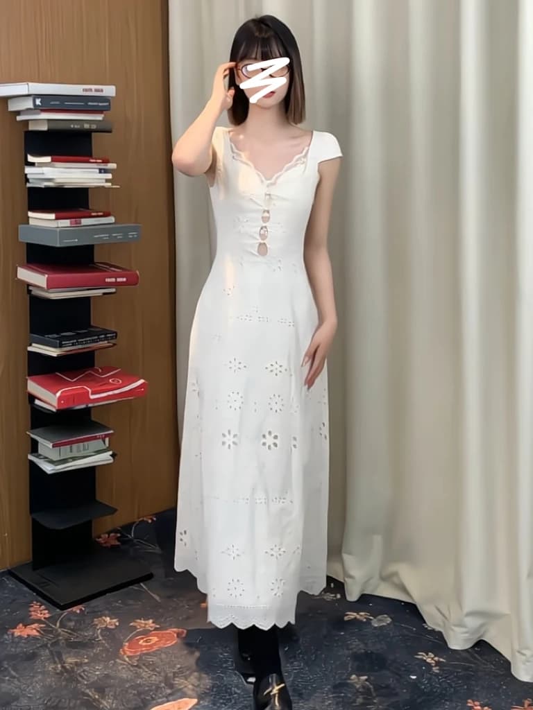 Abito Trendy con Scollo a V e Inserti in Pizzo, Stile Unico e Distintivo, con Cintura che Valorizza la Vita, di Marca Cinese, Stile Commuter, Vita Alta