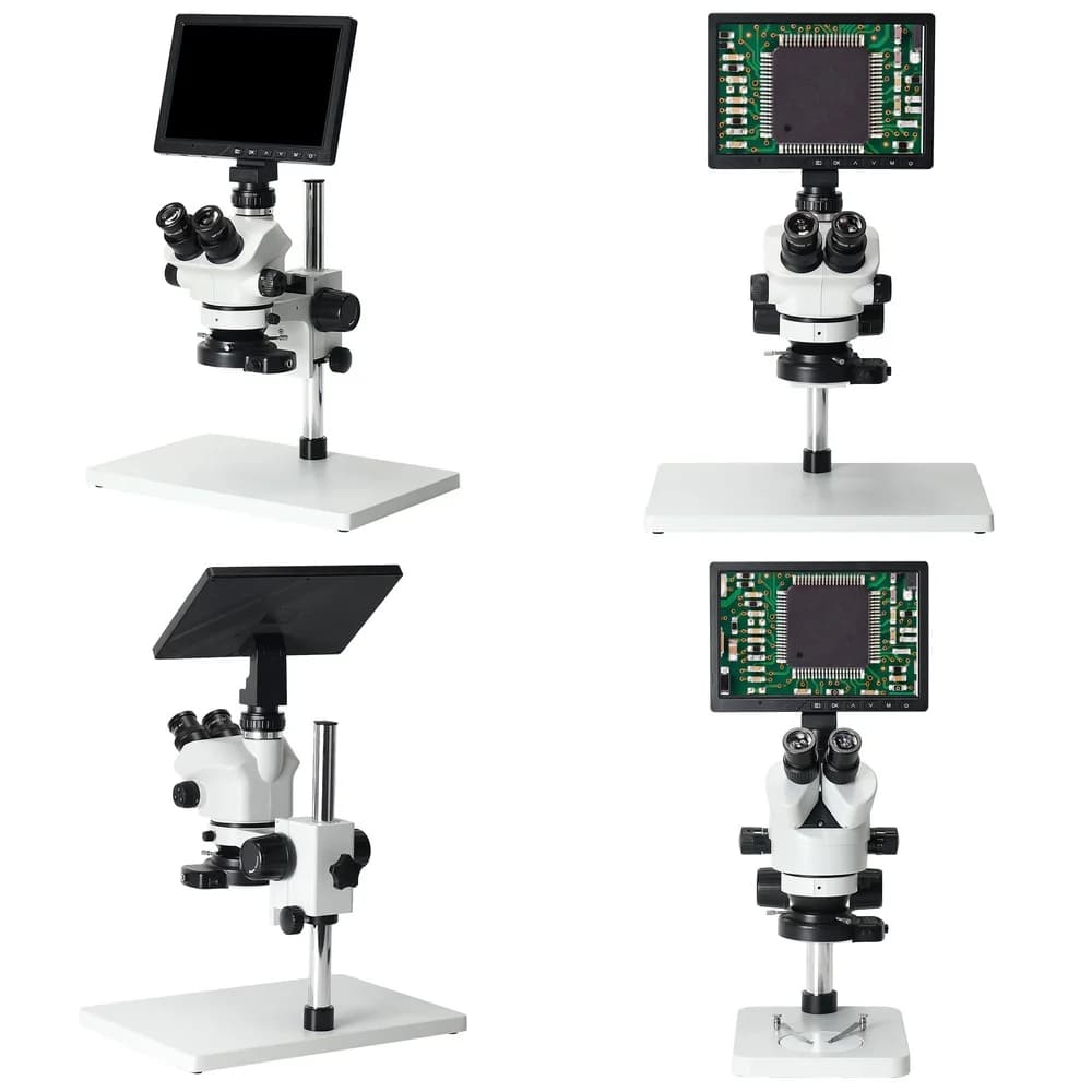 Microscopio Stereo Trinoculare con Zoom Continuo 7-50X e Schermo Display per Riparazione Schede Madri Smartphone