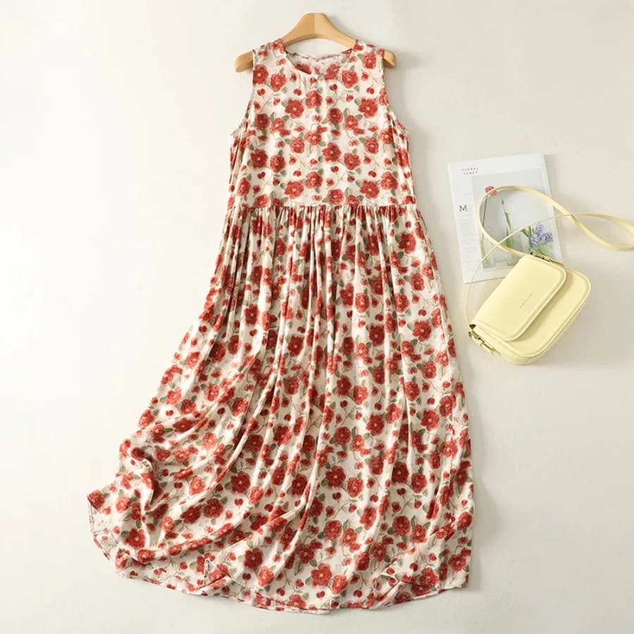 【New style】Floral dress, women's summer seaside vacation loose age-reducing vest, long skirt, vacation style dress