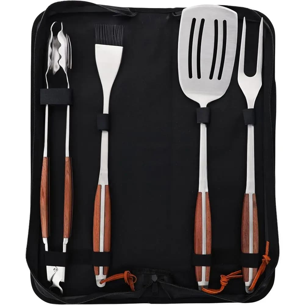 Set BBQ Portatile con 4 Utensili in Acciaio Inox, Manici in Legno e Borsa per il Trasporto, per Grigliate e Cucina Professionale