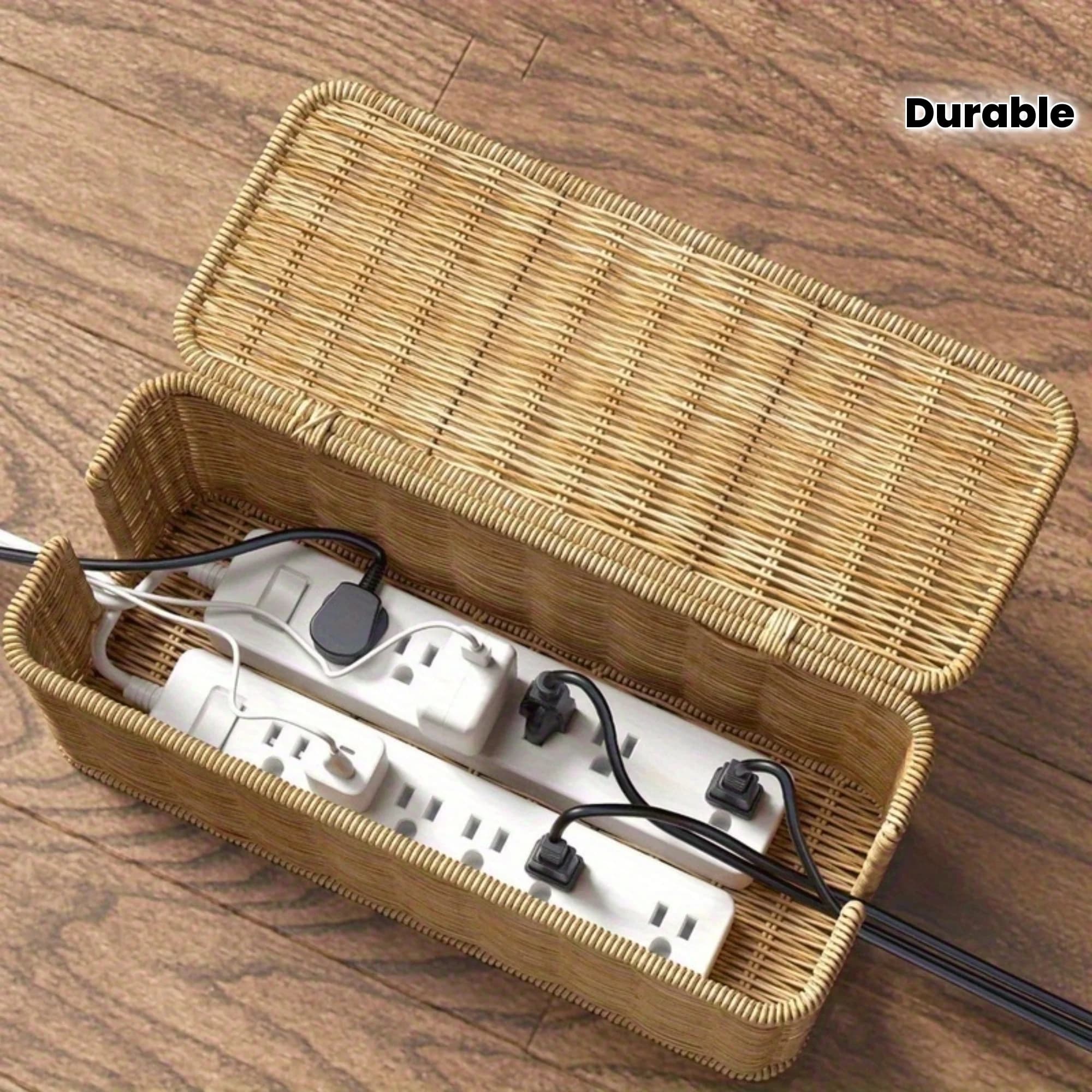 Scatola organizer per cavi in rattan intrecciato a mano: materiale durevole imitazione vite, spazio di archiviazione multiscomparto per cavi di alimentazione, cavi dati
