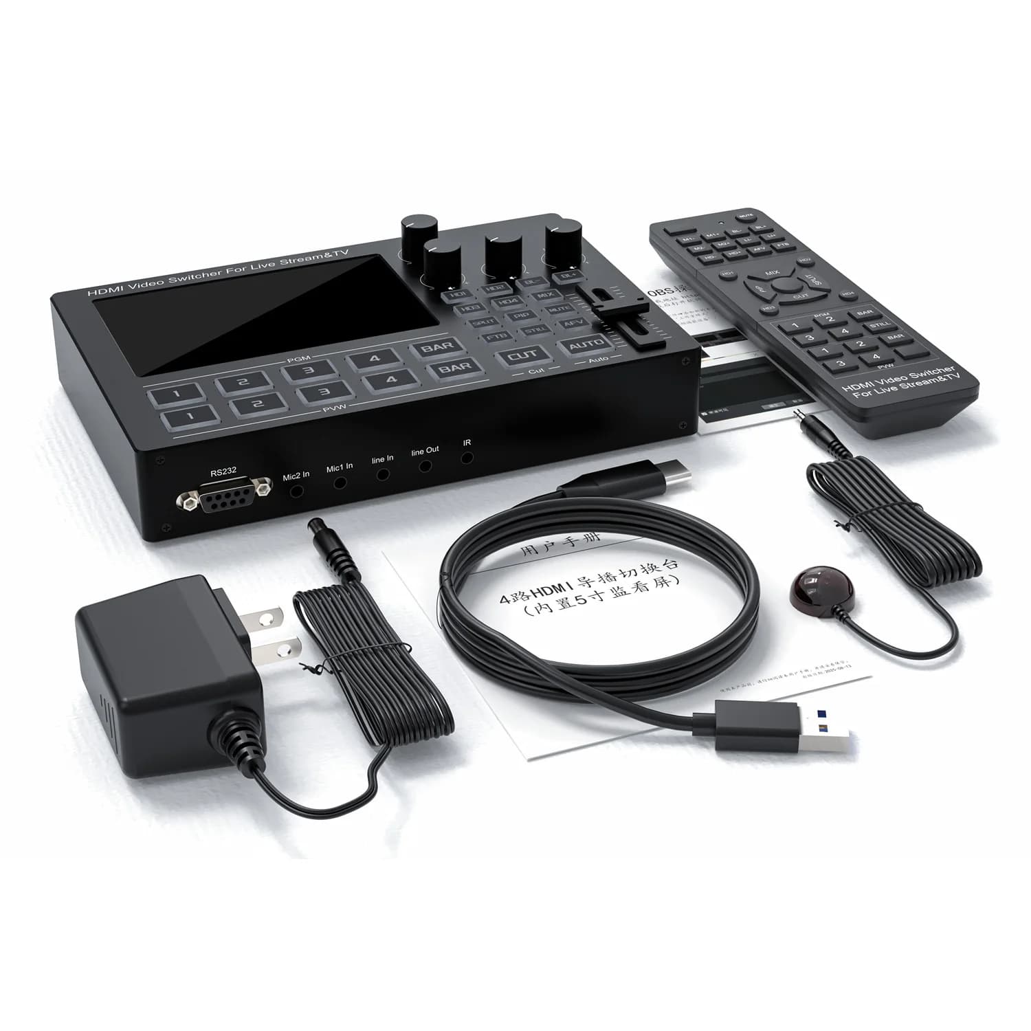 4 Way HDMI 1080p 60Hz Audio Mixer Video Switcher with 5 Inch Screen Microphone Line for Video Capture Recording Live Camera Stream