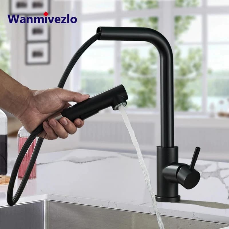Nero 360 ° Ugello spruzzatore a flusso di rotazione Lavello da cucina in acciaio inossidabile Rubinetti caldi e freddi Rubinetto da cucina Miscelatore da piano