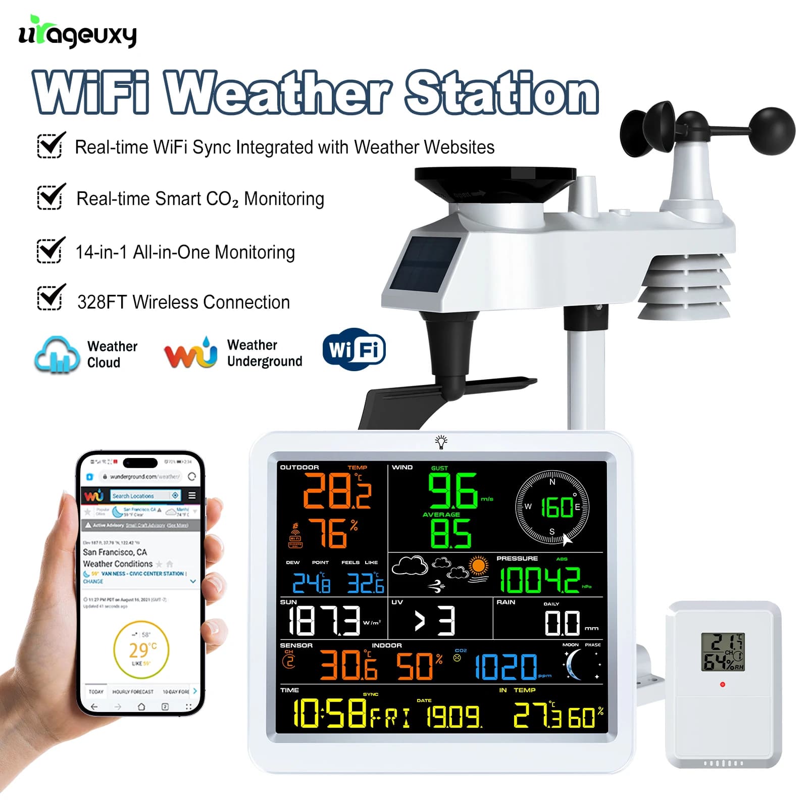 WiFi 14 in 1 weather station with solar energy wireless external sensor CO2 Detection 100 m Cloud weather synchronization for home