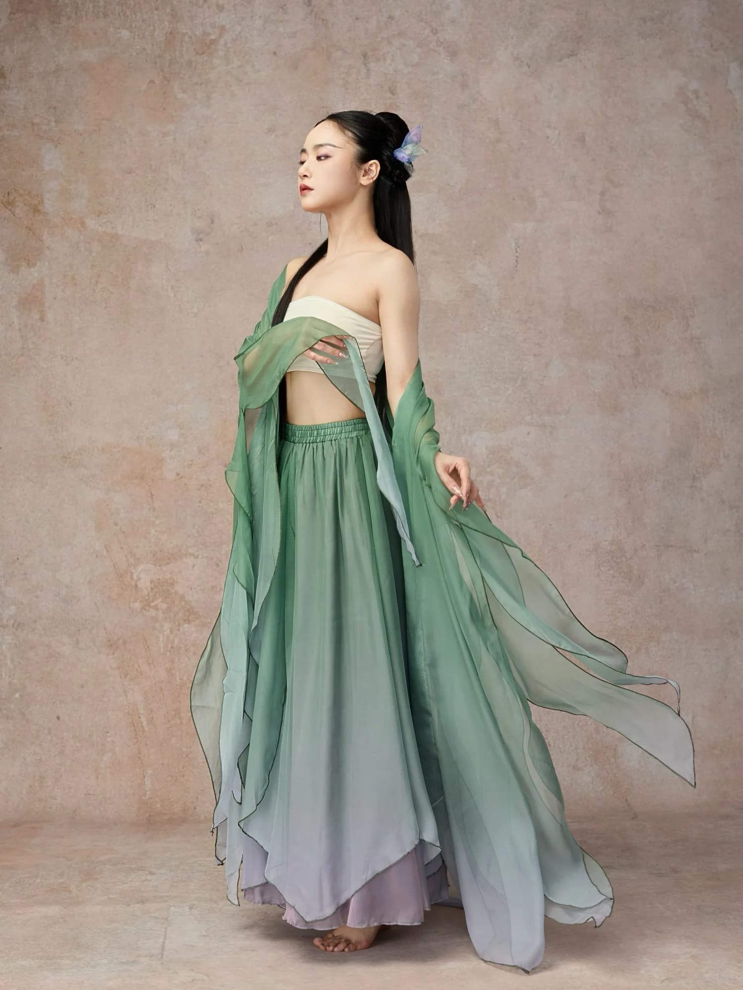 Elegante Gonna a Doppio Strato Stile Jazz con Sfumatura Graduale, Costume da Ballo Tradizionale con Sciarpa Fluida Senza Maniche per Donne