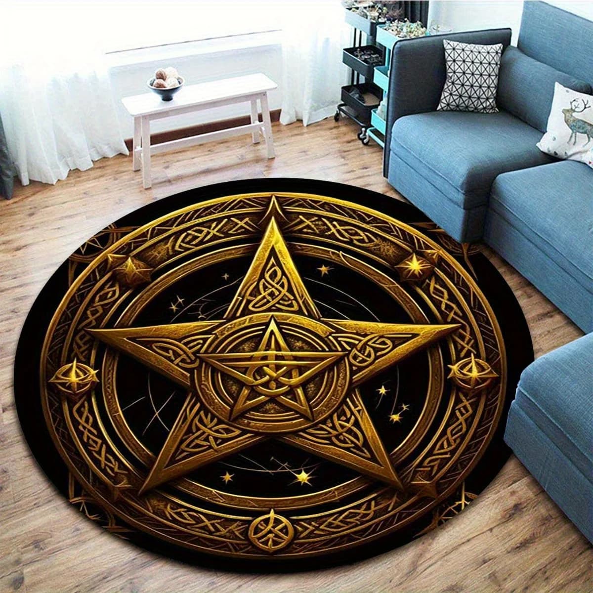 Zerbino rotondo con pentagramma stampato piatto 2D 2D - Design elegante con nodo celtico dorato, velluto di cristallo antiscivolo, solo lavaggio a mano,
