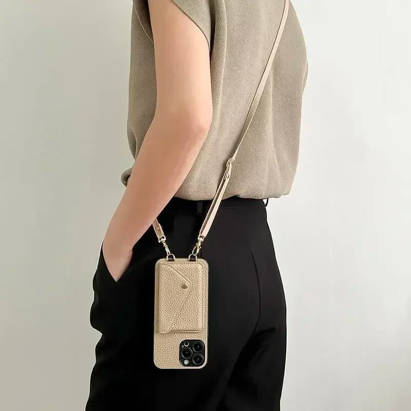 Lanyard Crossbody Strap Leather Phone Case for iPhone 17 Air 16 15 Plus 14 13 12 11 Pro Max Wallet with Card Holder Cover