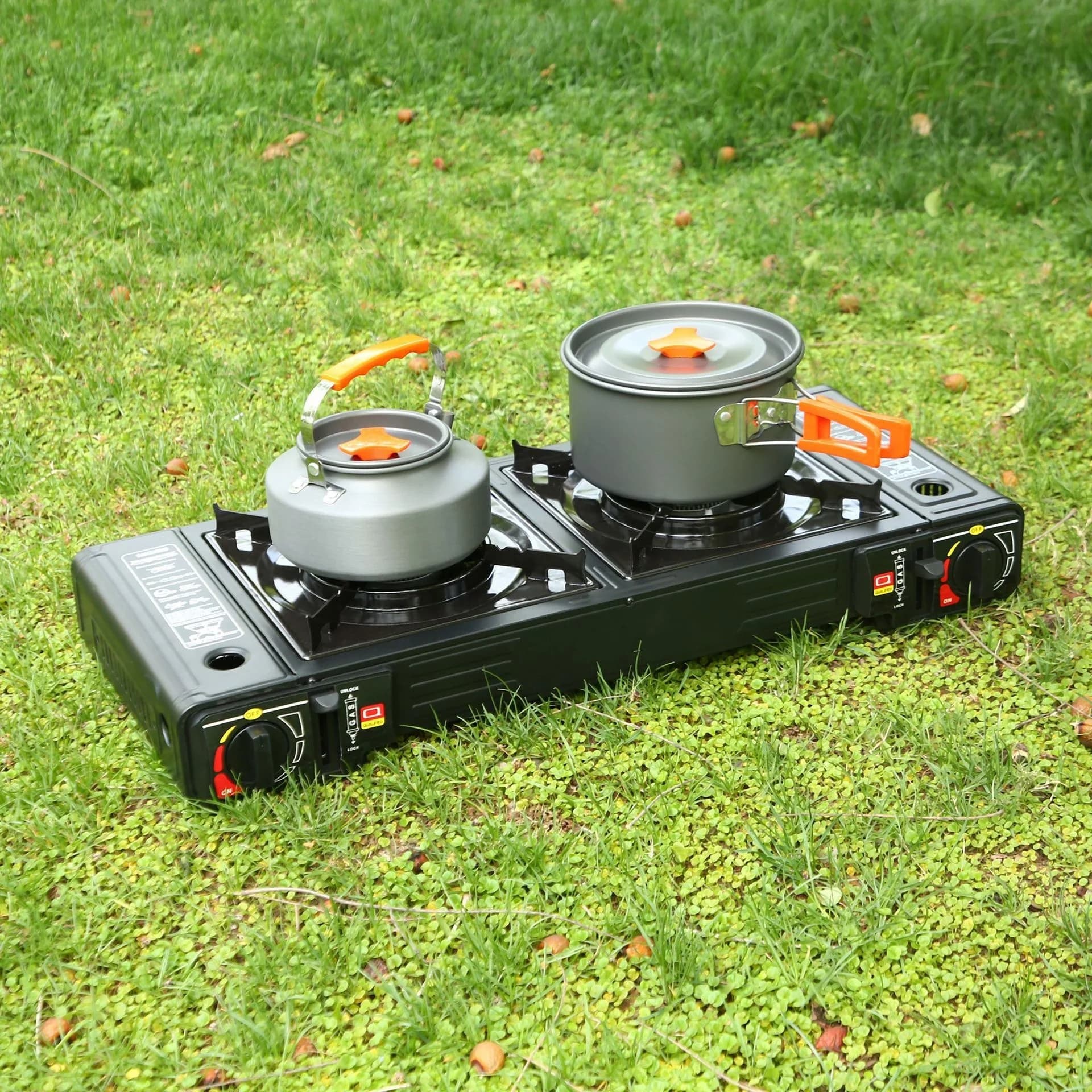 Double Burner Gas Barbecue, Camping Portable Stove with Plate and Transport Bag, for Open Kitchen, Hiking, Picnic and Camper Travel