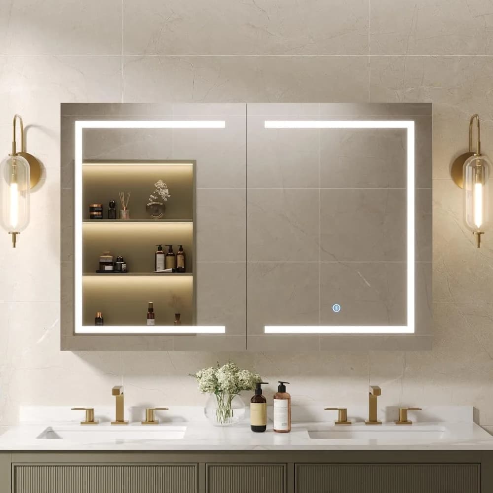 Led Lighted Medicine Cabinet with Mirror, 48" W X 32" H Mirrored Medicine Cabinet with Lights for Bathroom with, Customized