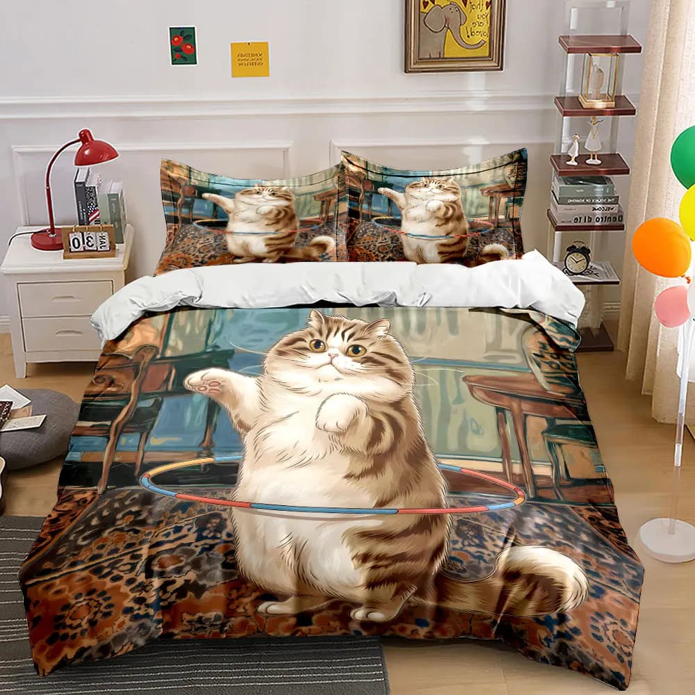 Set copripiumino con motivo gatto carino che gioca con il hula hoop, stampa digitale, biancheria da letto colorata in poliestere con chiusura a cerniera, ideale come regalo.