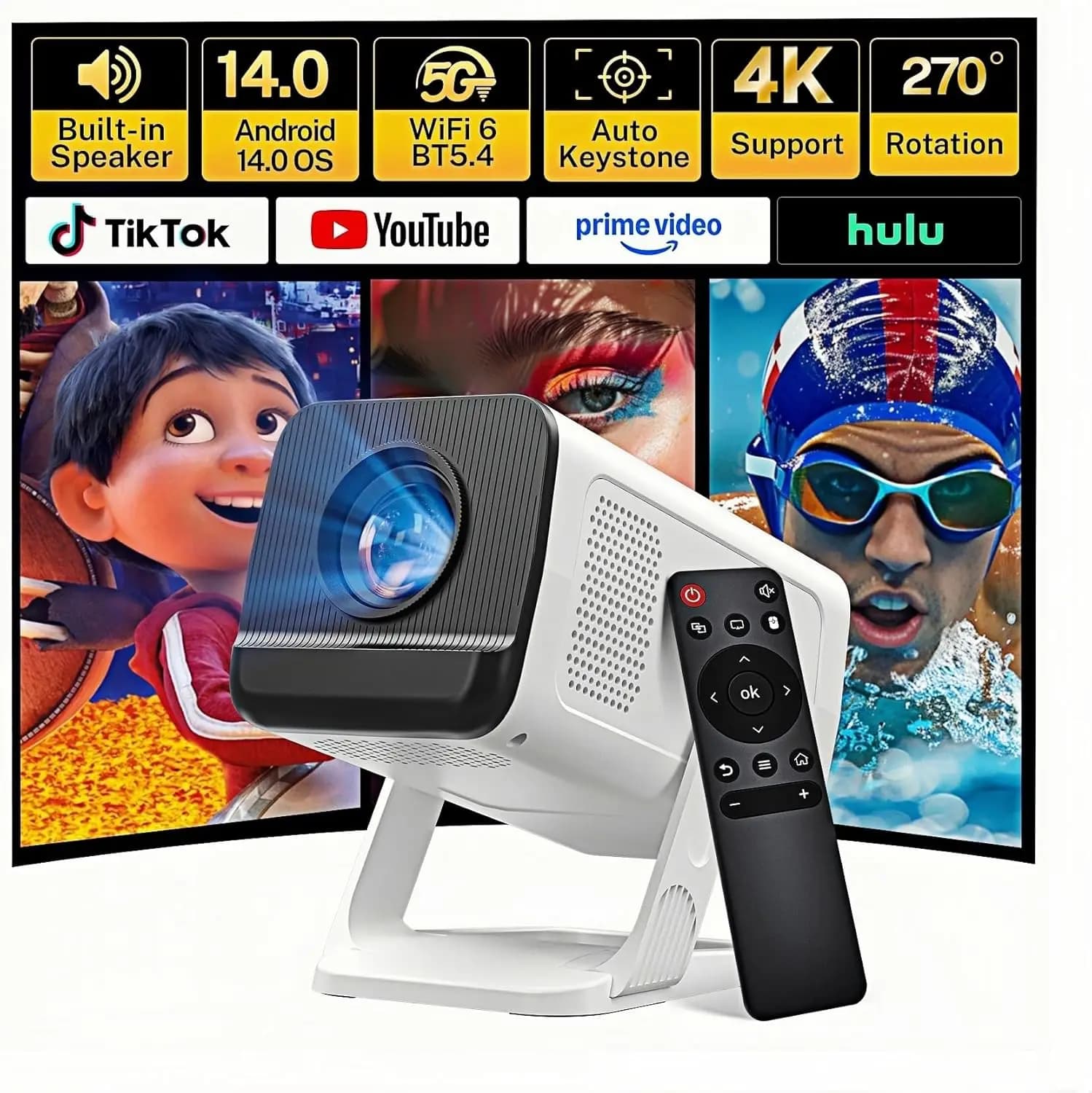 Mini Proiettore WiFi 6 Bluetooth 5.4 con Android 14, Correzione Automatica Keystone, Supporto 1080P 4K per iOS HDMI TV Stick