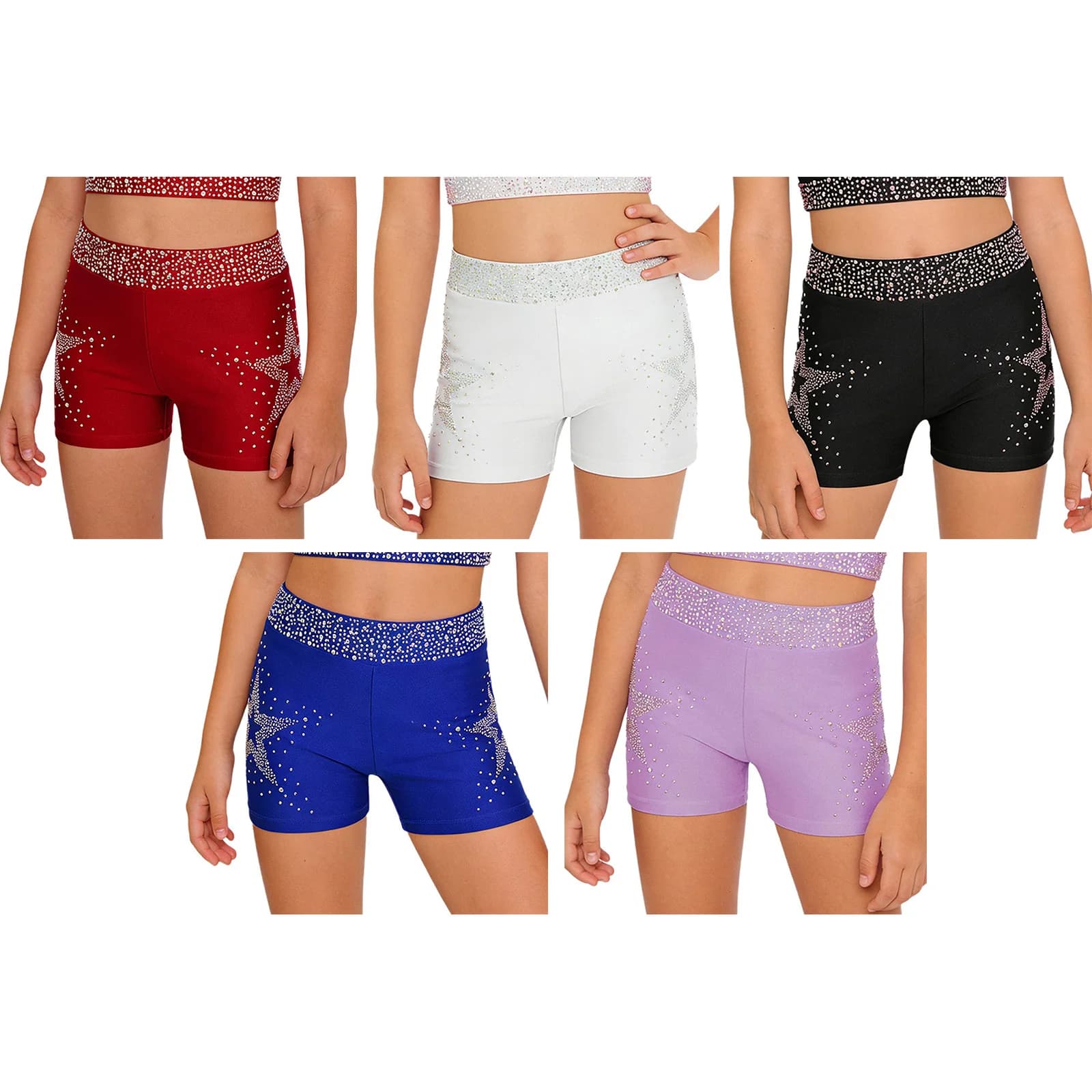 Bambini Ragazze Stelle scintillanti Strass Danza ritmica Ginnastica Costume Elastico in vita Pantaloncini Balletto Costumi di pattinaggio di figura