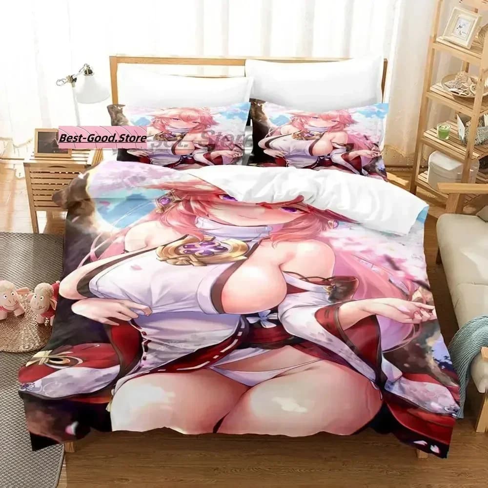 Set di Biancheria da Letto Genshin Impact Yae Miko, Disponibile in Varie Misure, per Adulti e Bambini, Set Copripiumino con Stampa 3D del Gioco