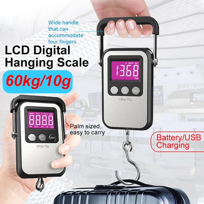 60Kg/10g Bilancia digitale portatile Batteria/USB ricaricabile Bilancia sospesa Bilancia a gancio Bilancia da pesca per bagagli per uso domestico