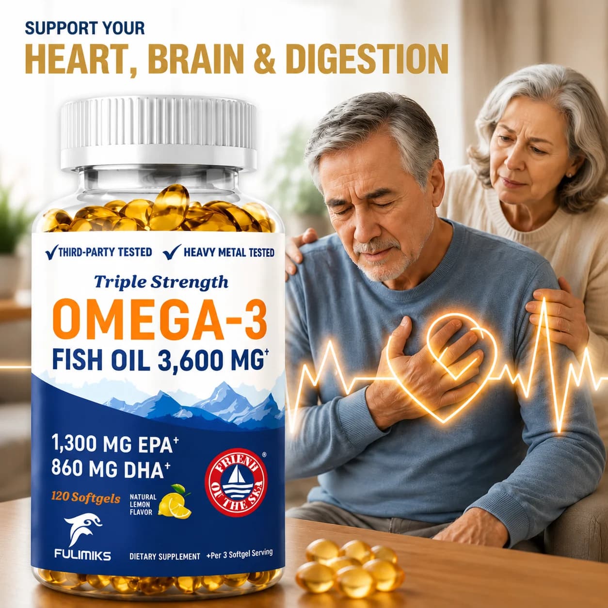 Omega-3 Fish Oil Supplement, with EPA & DHA, Supports Heart Brain Health, for Nervous System, Skin and Hair Health, Antioxidants
