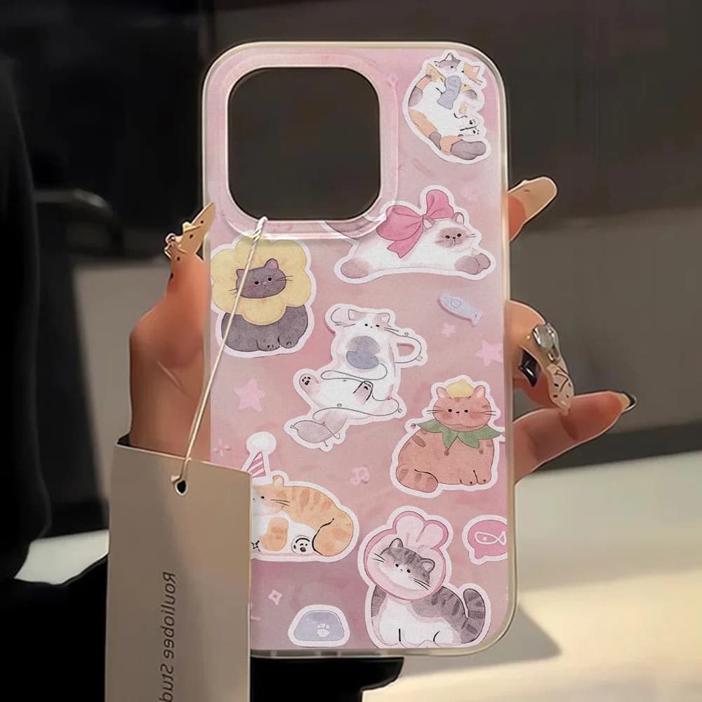Pink Lovely Cat Phone Case For iPhone 15 16 17 Pro 18 14 11 12 13 Pro Max Mini Plus Shockproof Soft TPU Matte Transparent Cover
