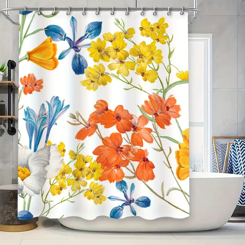Set di tende da doccia con stampa floreale, girasoli, fiori viola, design per l'arredamento della stanza del bagno
