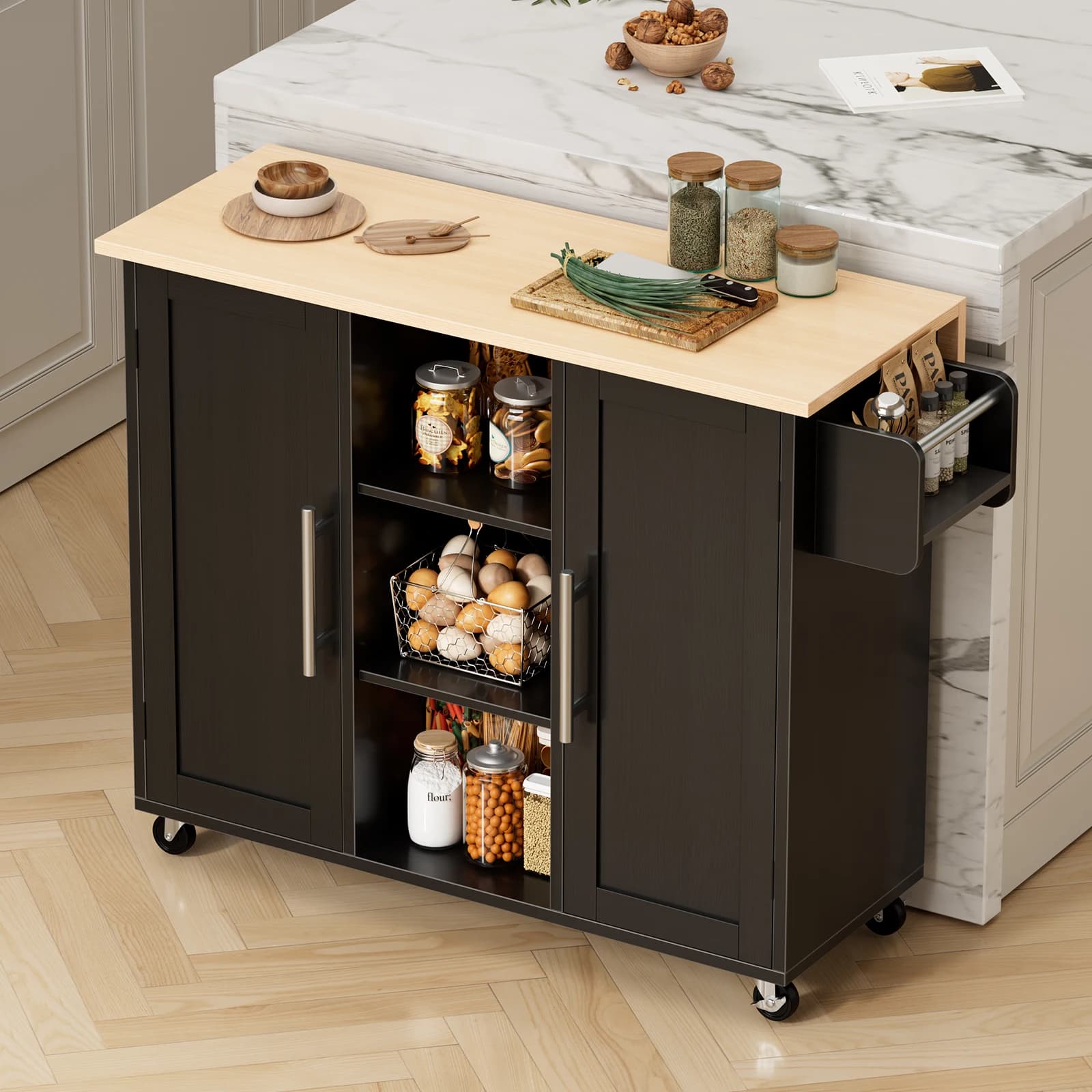 JHK 42 Inch Wood Rolling Kitchen Cart with Adjustable Shelves Mobile Storage Shelving Unit Utility Rolling Organizer For Home Living Room