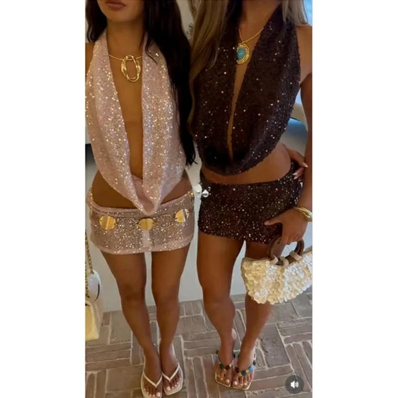 Women Summer 2Piece Sparkle Sequined Outfits Set Halter Deep Cowl Neck Backless Cami Tops with Slim Mini Pencil Skirt