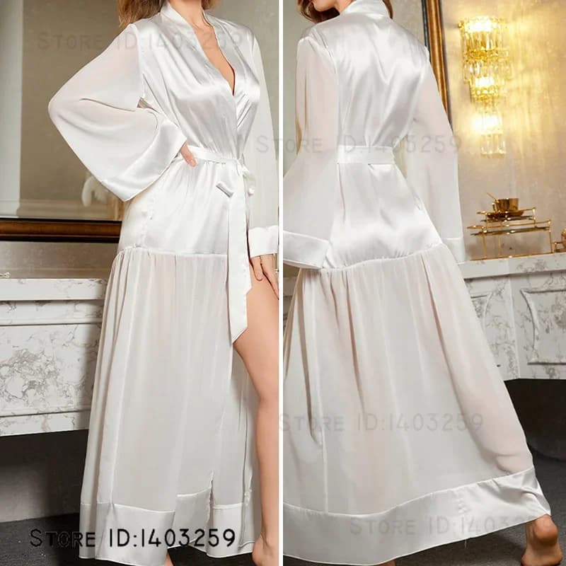 Elegant wedding dress in white satin wedding dress sexy patchwork dress in net nightdress long kimono bathrobe large dress for the house
