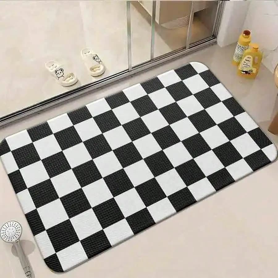 1pc Flannel Floor MatMinimalist Black And White Grid Pattern Non-Slip Floor Mat Geometric Decorative Area RugNon-Slip, Machine Washable, Soft Area Rug For Home