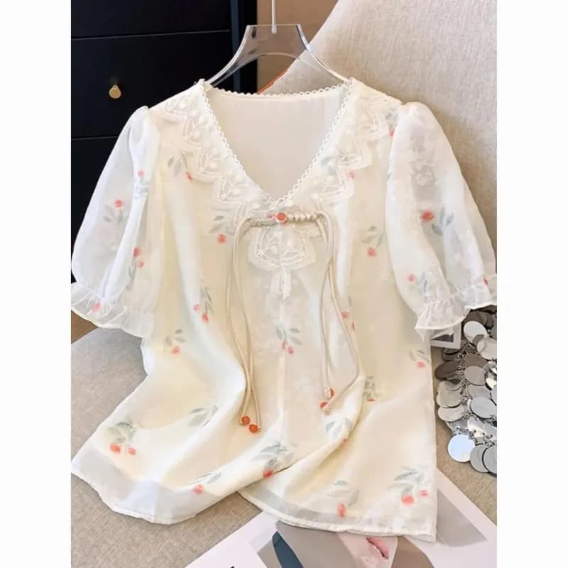 Women's Spring Summer blouse with V-neck and lace, floral print, embossed sleeves, romantic, casual, wide fit, ivory chiffon
