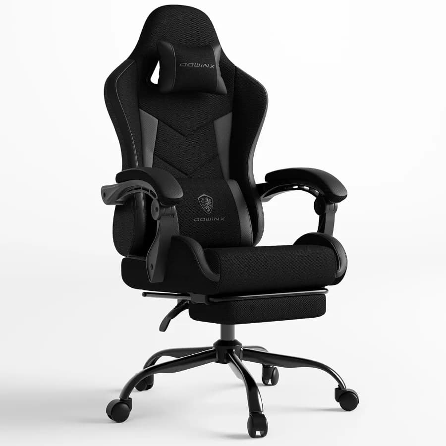 Sedia da gioco ergonomica con poggiapiedi integrato e supporto lombare per massaggio, altezza regolabile e poggiatesta, cuscino in pelle traspirante