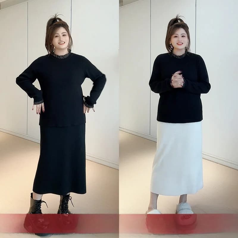 Elegante gonna midi a vita alta in maglia, modello svasato lungo, snellente, da donna, per la stagione autunnale, in tessuto misto lana a tinta unita