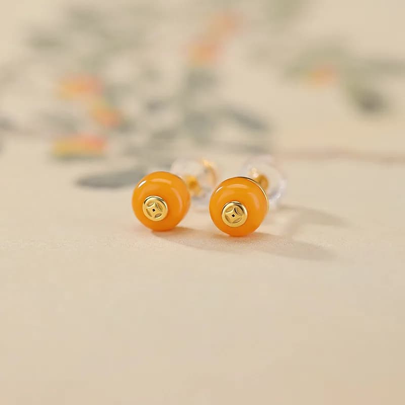 Orecchini piccoli rotondi con monete in argento sterling S925 color ambra, stile alla moda