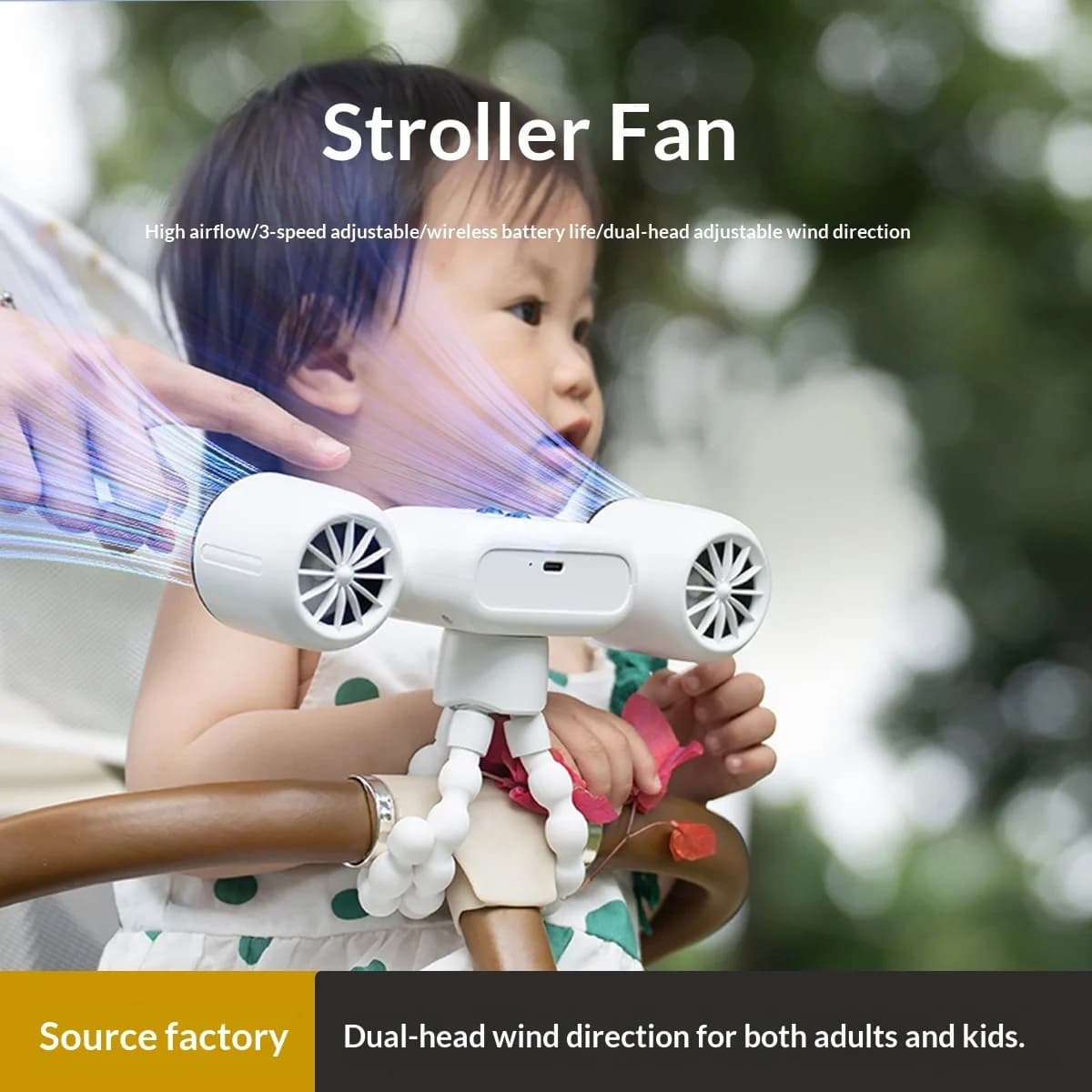 2026 New Dual Head Octopus Stroller Fan USB Rechargeable Foldable Portable 270° Rotatable Baby Fan With Warm Night Light 4000mAh