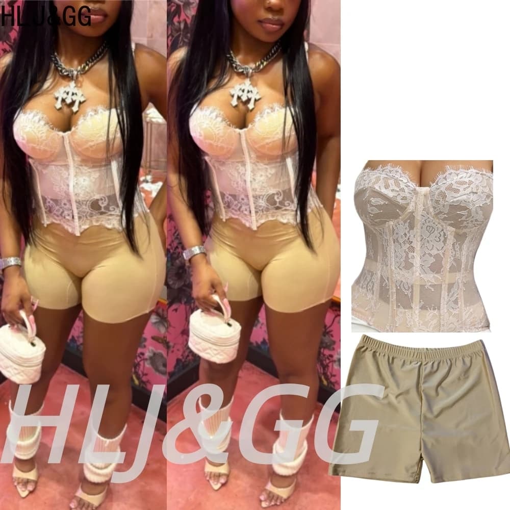 HLJ&GG Set di due pezzi con stampa trasparente in pizzo sexy da donna, corsetto slim con spalle scoperte + pantaloncini, abbigliamento streetwear alla moda Y2K