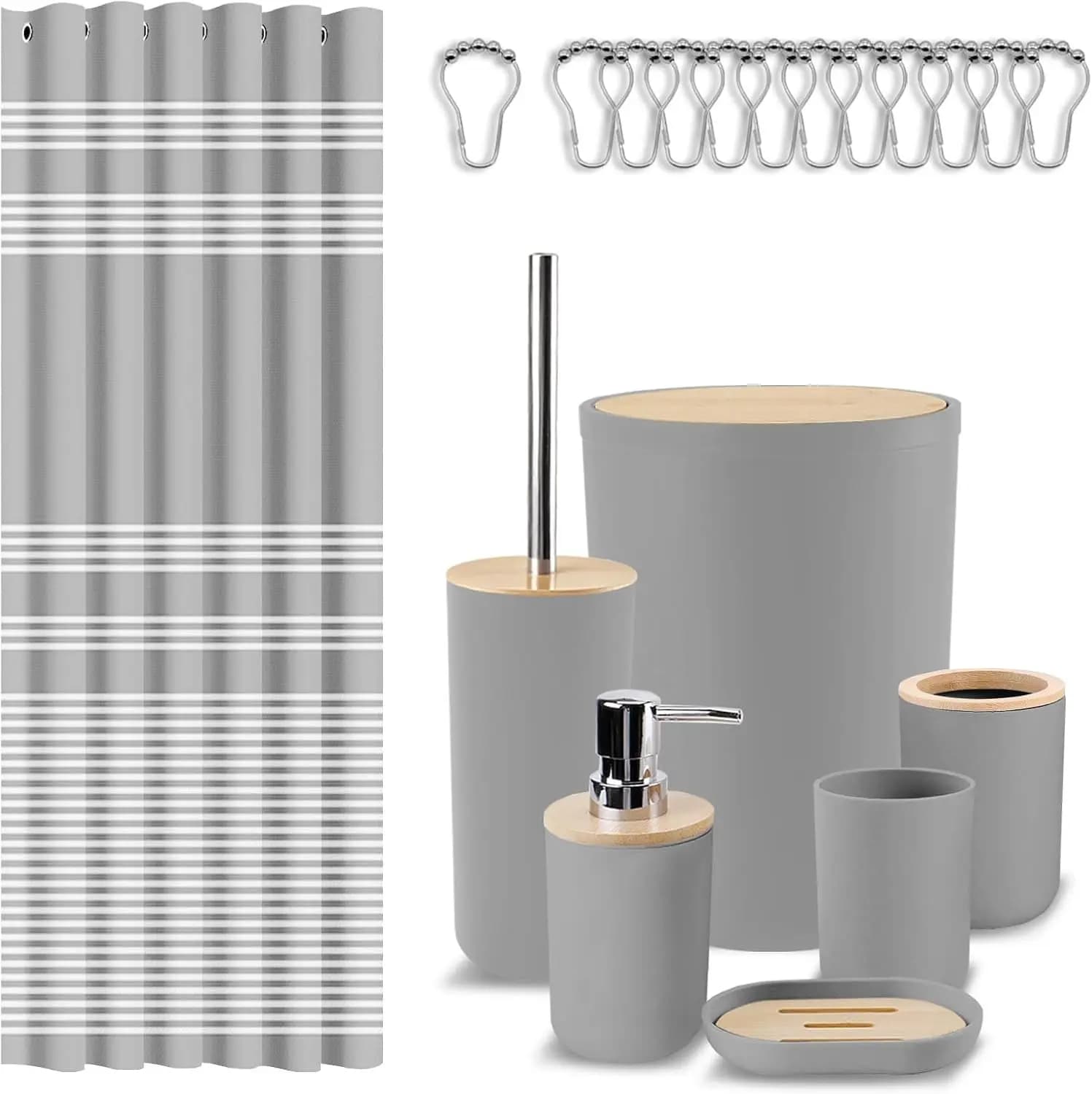 Set di Accessori per Bagno Grigio 19 Pezzi con Tenda Doccia Impermeabile, Cestino, Dispenser Sapone, Spazzola WC, Porta Spazzolino