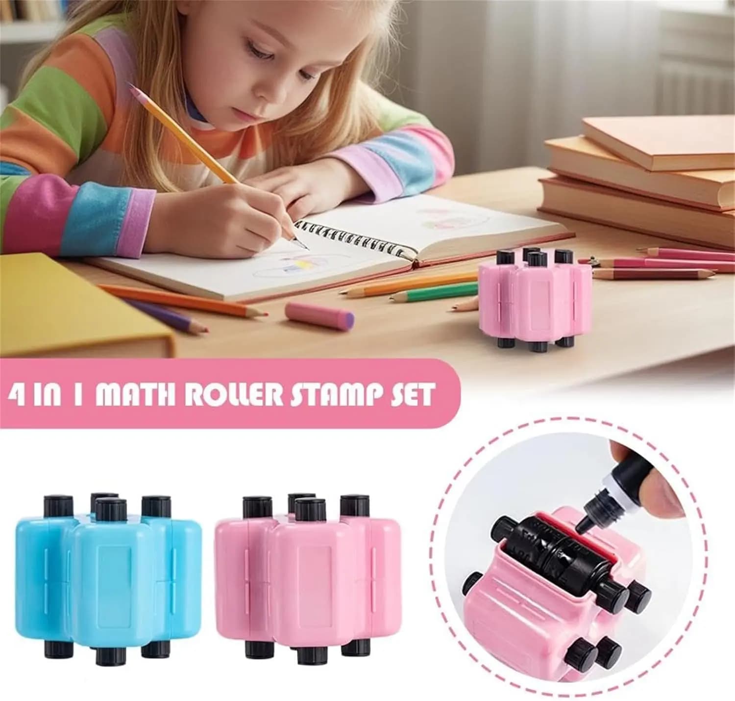 Reusable 4-in-1 Math Roller Stamp Set with Ink, Random Addition, Subtraction, Multiplication, and Division Practice Tool