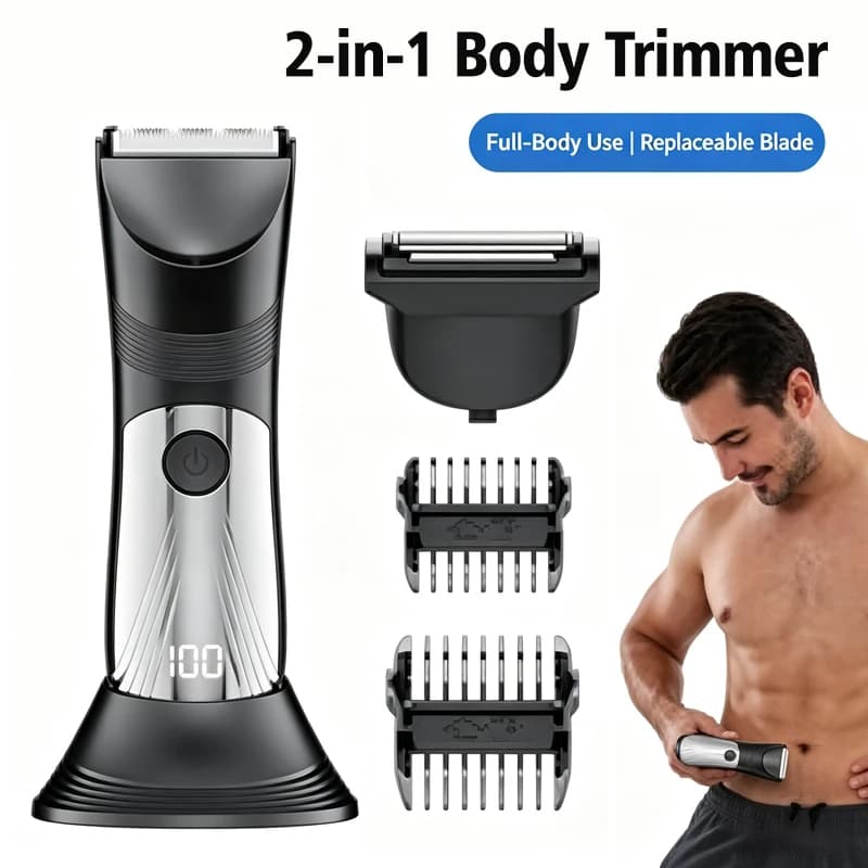 Men's 2-in-1 Body Hair Trimmer, Waterproof Electric Pubic Hair Shaver with Replaceable Blade Heads, Intimate Groomer for Groin