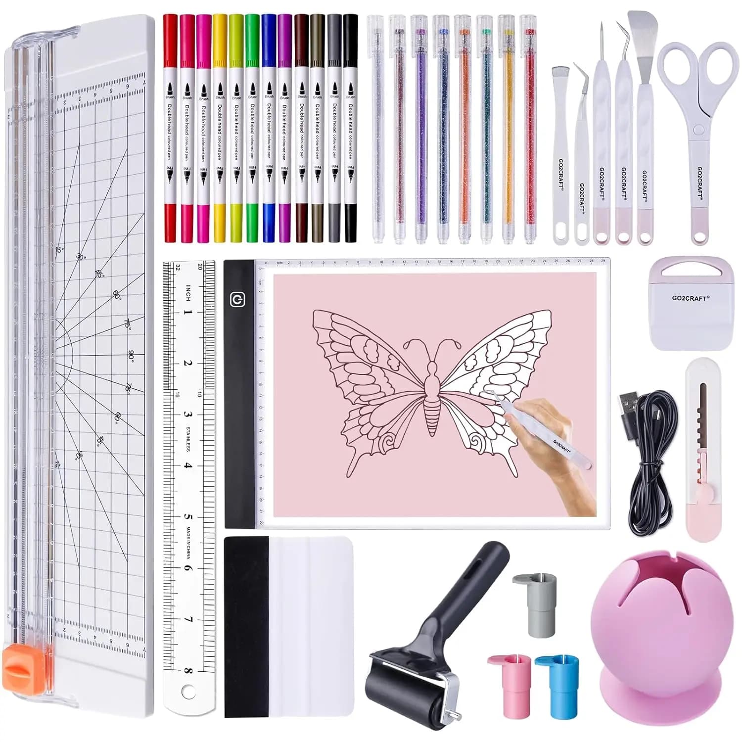 Set di 37 Utensili per Artigianato con Tavoletta Luminosa a LED, Taglierina per Carta e Strumenti per Diserbo per Progetti in Vinile