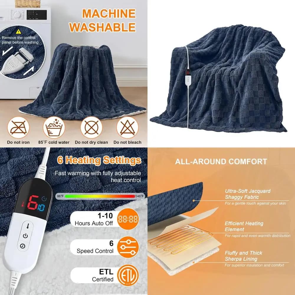 Coperta Sherpa jacquard elettrica a grandezza naturale, 72x84, 6 livelli di calore, spegnimento automatico di 10 ore, protezione da surriscaldamento, blu navy