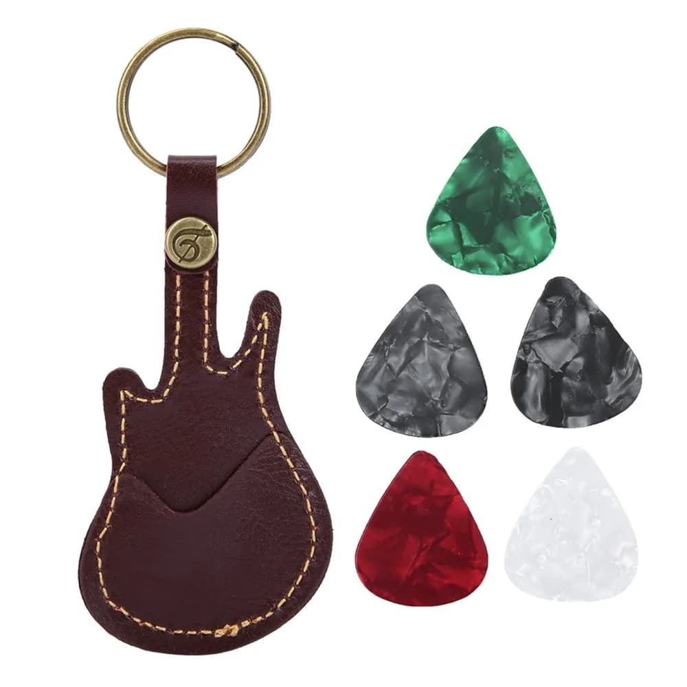 Pelle ​ Portaplettro per Chitarra ​ ​ Con 5 plettri inclusi ​ ​ Accessorio per Portachiavi ​ ​ Custodia in pelle per strumenti a corda ​ ​ Nero/Marrone ​ Portachiavi a Forma di Plettro ​